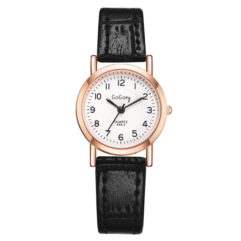 Reloj de cuarzo con esfera pequeña para mujer, cronógrafo de pulsera Retro de cuero, con escala de números simples, color marrón, femenino: Negro