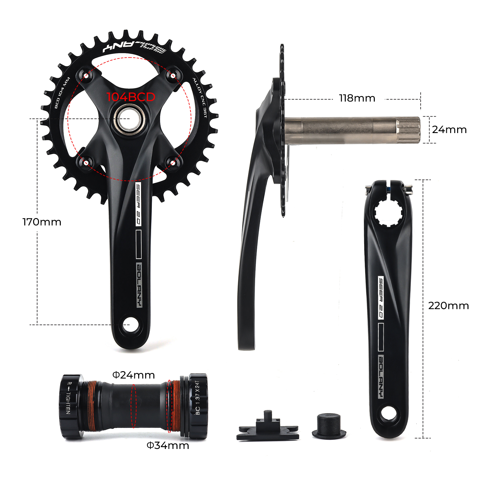 Bolany-platos y bielas de bicicleta 104BCD, juego de bielas huecas de 170mm, plato de manivela integrado 36T con orificio redondo inferior