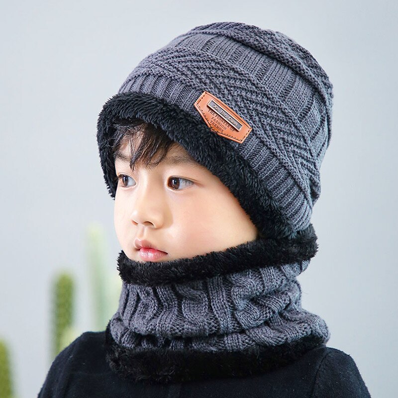 Børns bomuldshue tørklæde pil mønster strik hatte dreng afslappet varm hovedbeklædning plus fløjl fortykkende hagesmæk baby løs: Grå