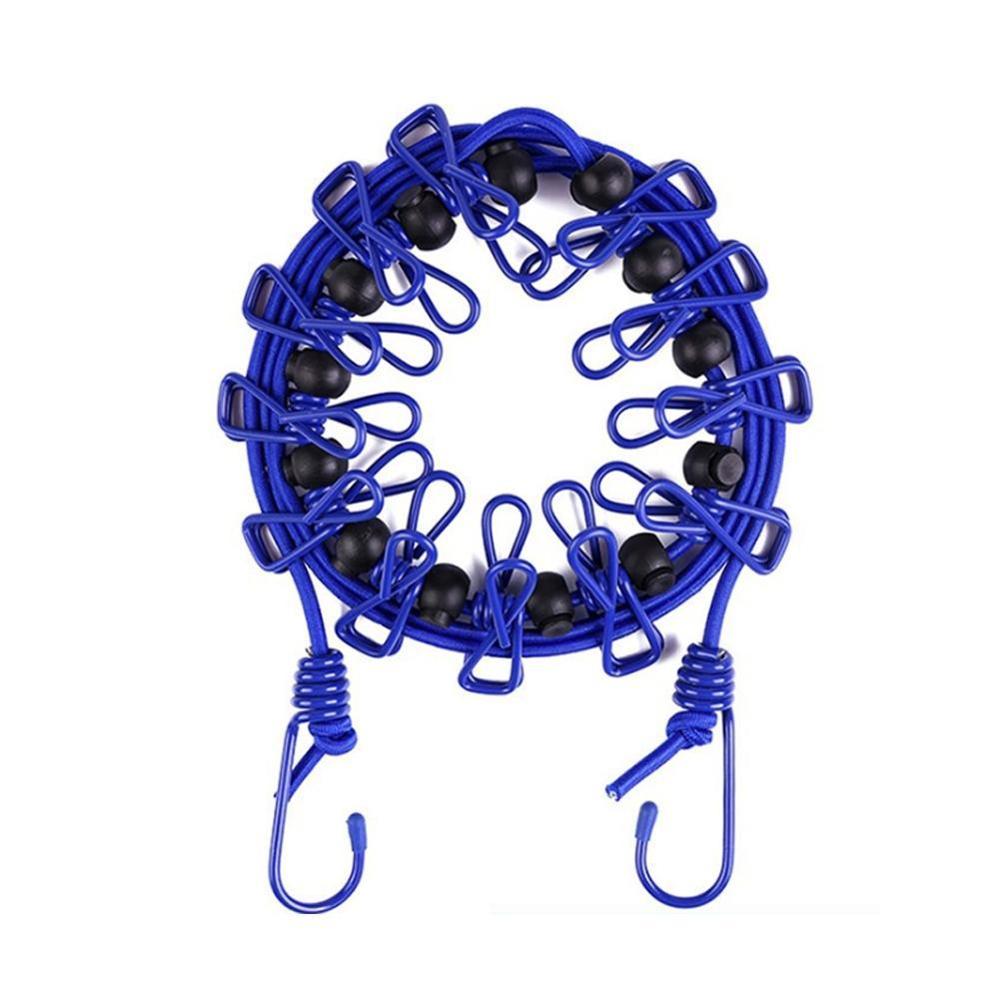 Solid Portable Travel Clothesline for Home Hotel Camping Indoor Outdoor Adjustable End Hooks 12 Clothespin Movable Locking Beads: Blue