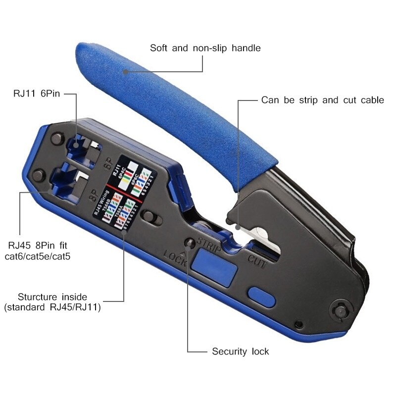 RJ45 Crimping Tool Kit Stripping Pliers CAT5 CAT5e CAT6 Crimping Pliers RJ11/RJ12 6P 8P Modular Crimper Cable Stripping Pliers
