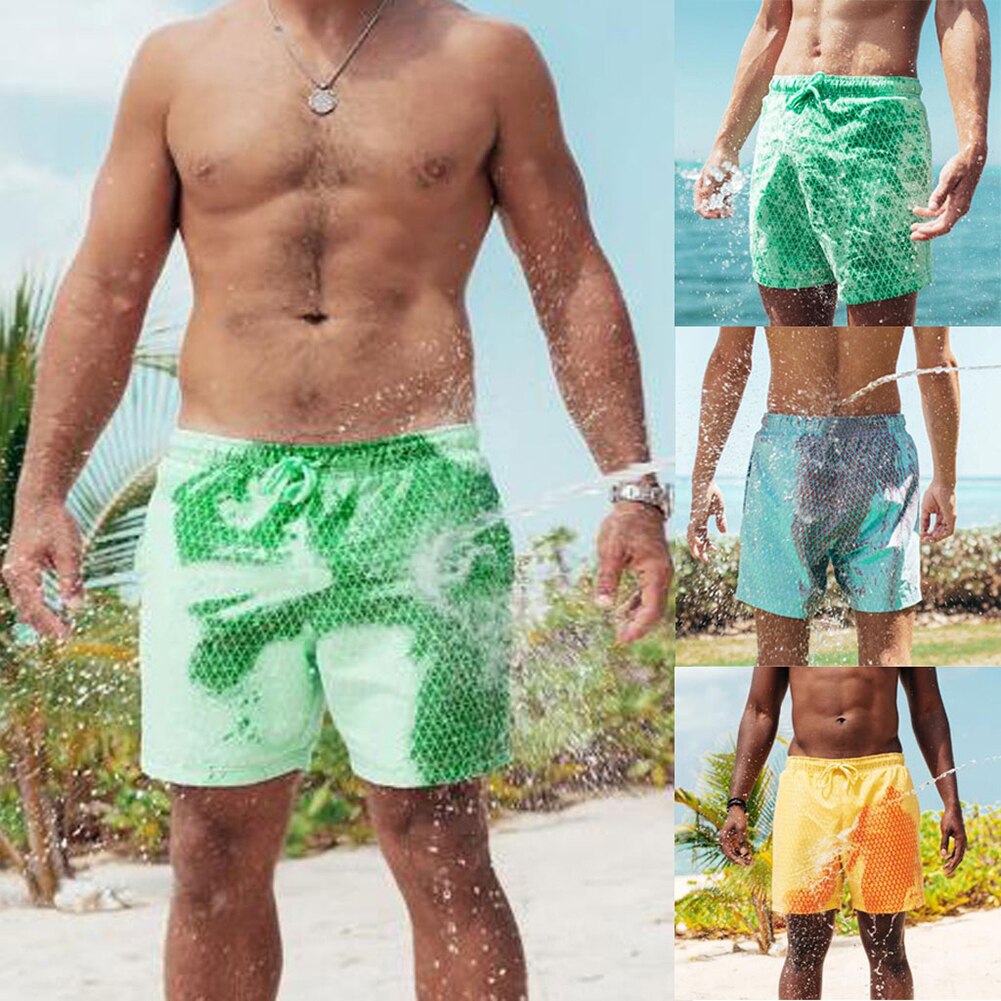 Men Beach Shorts Quick Dry Lattices Drawstring Color Changing Beach Shorts Swimming Trunks