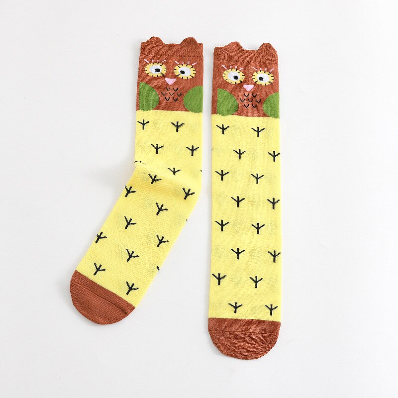 Medias de dibujos animados para niños y niñas, medias a rayas de lunares, búho, animales, hasta la rodilla, novedad de primavera y otoño: Yellow