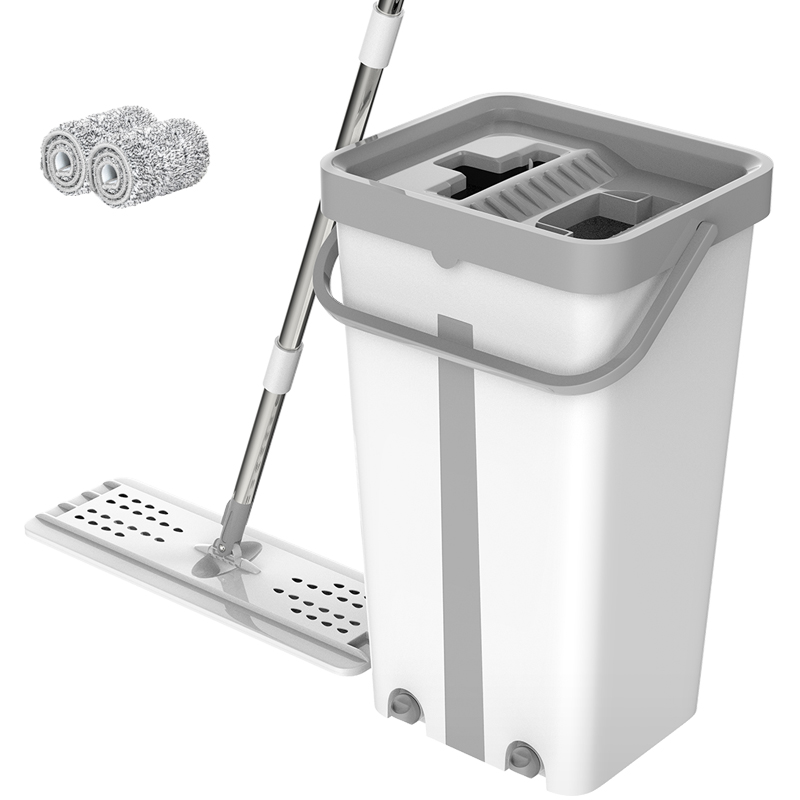Magic Cleaning Mops Free Hand Mop with Bucket Floors Squeeze Flat Mop with Water Home Kitchen Floor Cleaner: White 2 mops