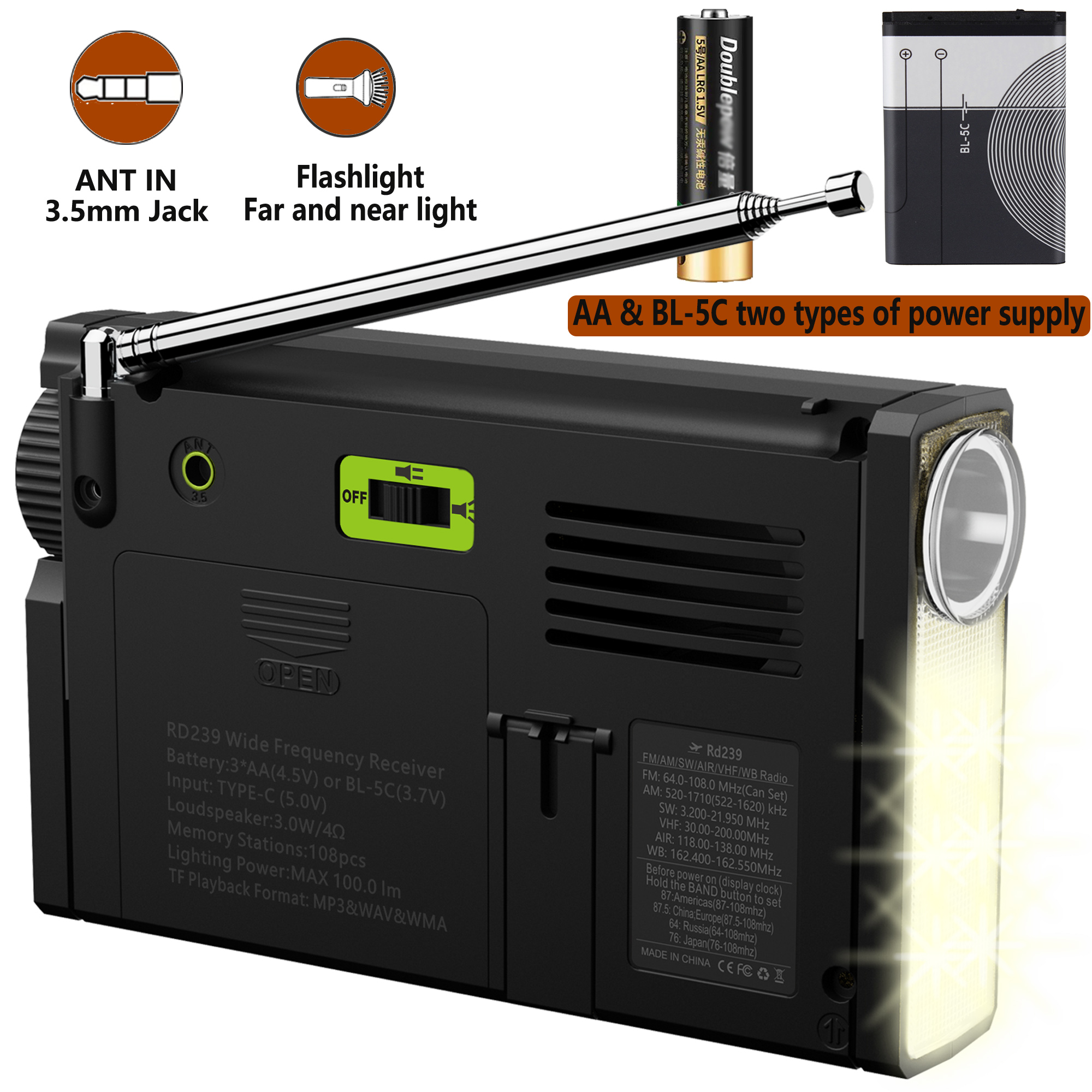ver v3.3 Shortwave Radio AIR/VHF/AM/FM/SW/WB Bands Transistor with Bluetooth/TF Card/Flashlight,MP3 Player, Digital Record