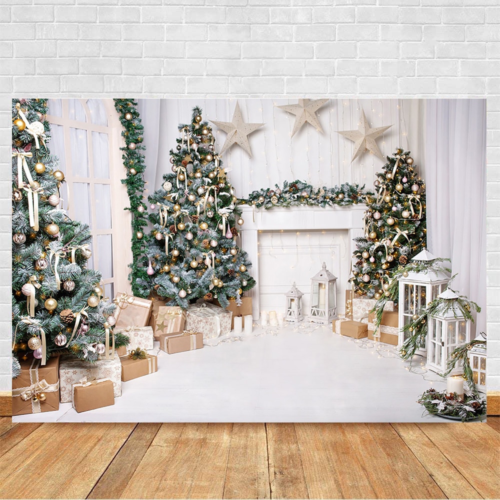 Noël photographie toile de fond arbre de noël blanc cheminée fond hiver salon lumière cloches étoile Photo Shoot