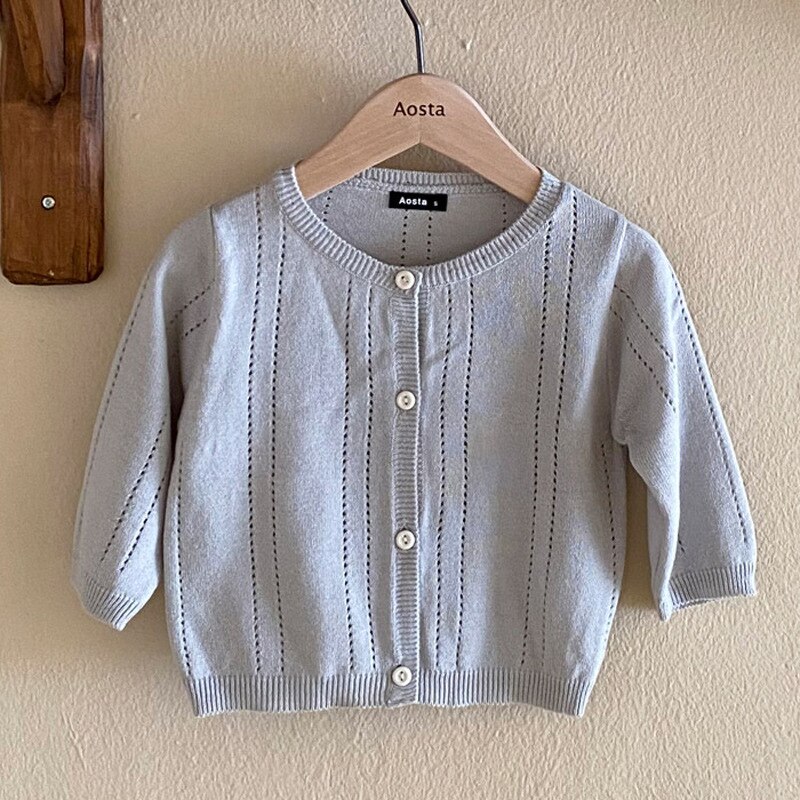 Peuter Baby Jongen Meisje Katoenen Vest Lange Mouwen Kinderkleding Lente Kid Gebreide Mesh Holle Dunne Jas: Gray blue / 3T