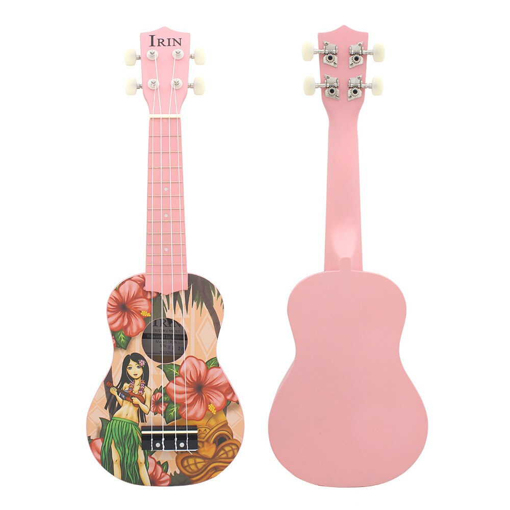 Irin 21 inch akoestische sopraan ukelele ukelele uke lindehout materiaal met prachtige hawaiiaanse stijl patronen roze ukelele