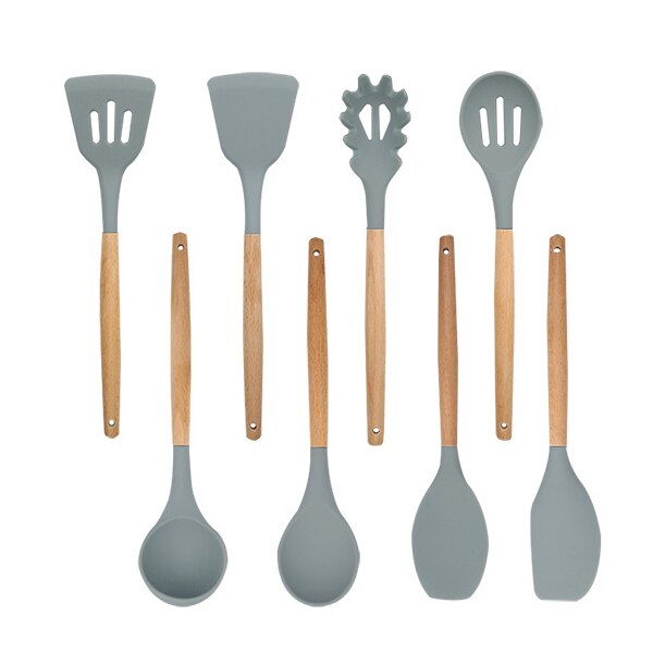 Beukenhout Gebruiksvoorwerp Serveren Spaghetti Sleuven Spatel Siliconen Koken Lepel Set Met Houten Lange Handvat Houder Voor Keuken: 8 pcs