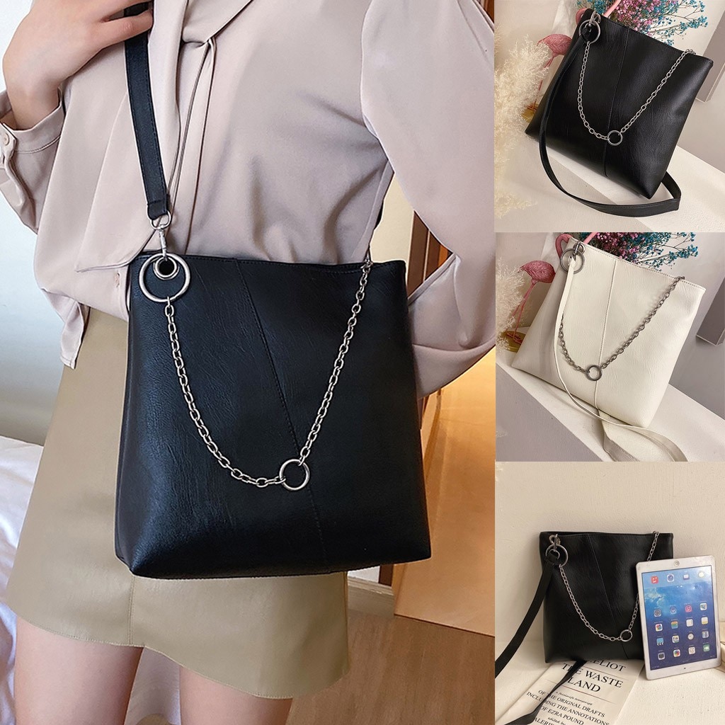 Shopper Tas Mode Vrouwen Effen Kleur Grote Capaciteit Lederen Schoudertas Messenger Bags Keten Zwarte Dames Tassen # F