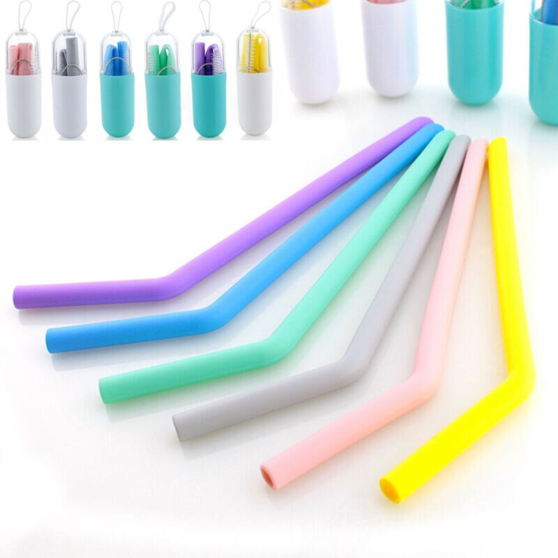 6 Colors Reusable Silicone Drinking Straws Food Grade Straw with Cleaning Brushes Set