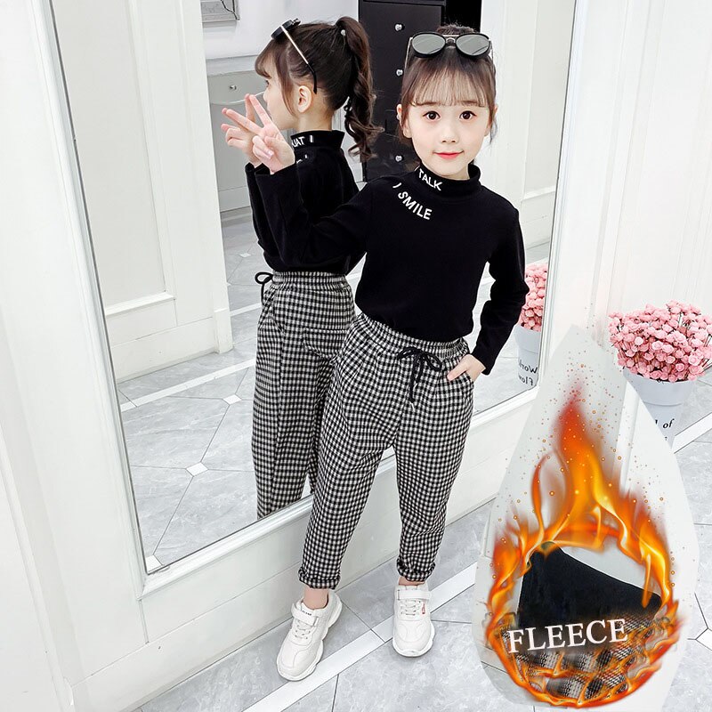 Tenåringsjenter bukser vinter rutete bukser fleece tykk casual retro barn harem bukser skolebarn bukser 8 10 12 år