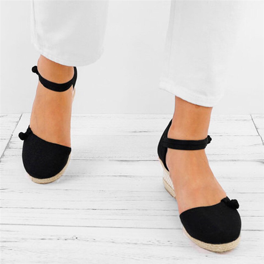 Straw Hemp Rope Sandals Women Ladies Retro Linen Canvas Wedge Round Toe Casual Sandals Singles Shoes Closed Toe Sandal