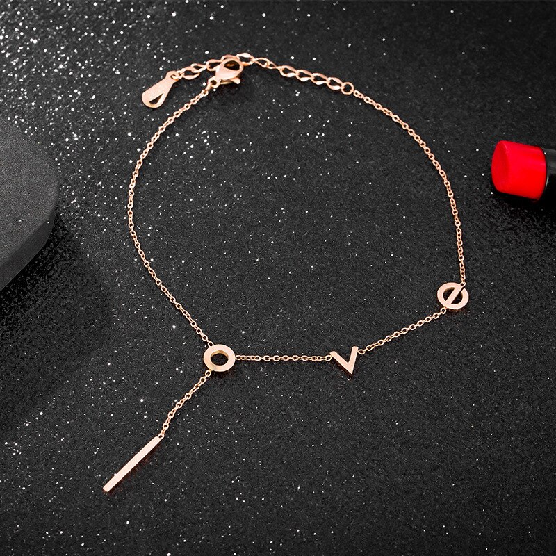 18KGP – bracelet de cheville en acier inoxydable pour femme, couleur or Rose, breloque, amour, lettre, , 316L