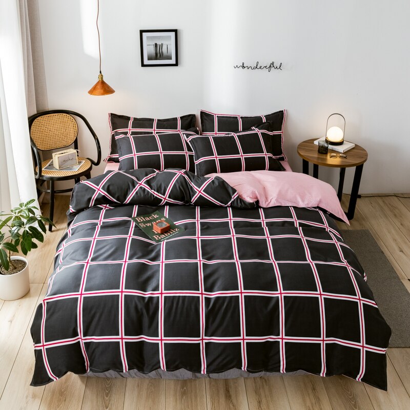 Svarta rutiga sängkläder, påslakanset med örngott 220 × 240 ,210 × 210 påslakan, rosa queen king size filtöverdrag: Lock 135 x 200cm 3 st