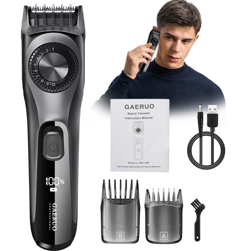 Adjustable Beard Trimmer for Men, Mens Stubble and Beard Hair Trimmer Cordless and Rechargeable with 2 Combs