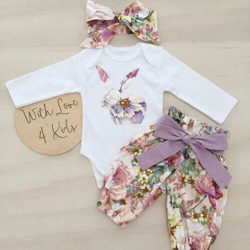 Pasgeboren Baby Meisjes Bloemenprint Konijn Bodysuit + Bloemenprint Broek 2 stuks Outfits Set