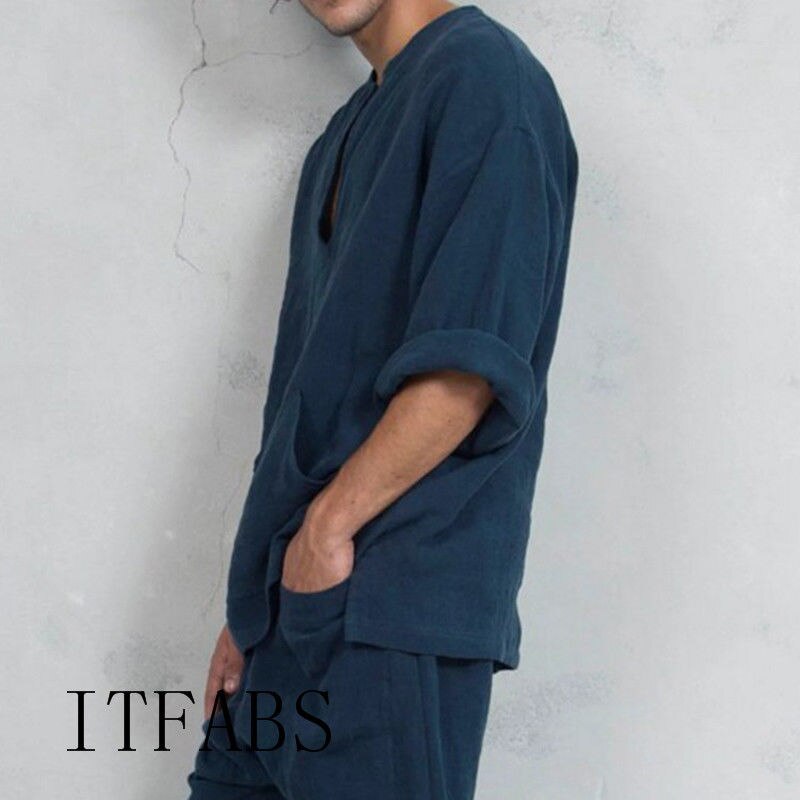 Hommes à manches longues chemise en lin lâche été décontracté col en v dessus de chemise M-3XL Tee-Shirt ethnique lâche grande taille couleur unie chemises