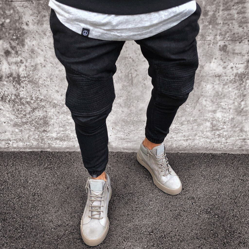 Neue männer Zerrissene Dünne Radfahrer Jeans Zerstört Ausgefranste schlank passen Denim Männlichen Streetwear Hiphop hosen: Schwarz / XXL