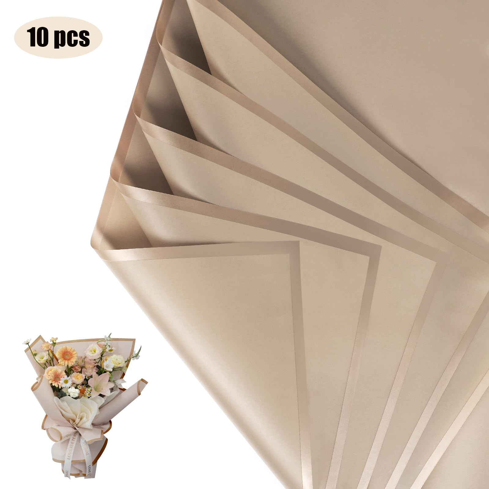 10 Sheets Flower Wrapping Paper with Golden Edges, Waterproof Bouquet Packaging - Ideal for DIY Weddings & Birthdays: Brown