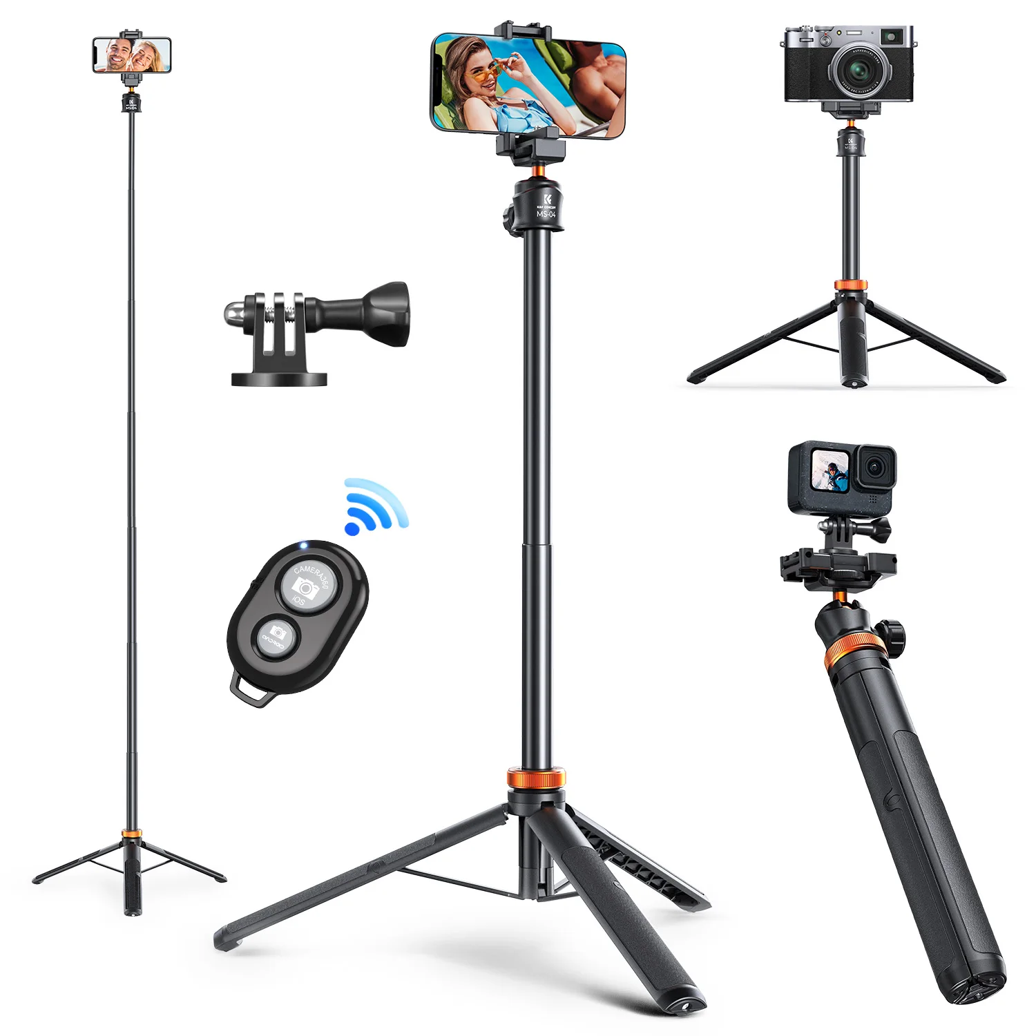 K&F Concept MS08 62''/1,58 m Statyw do telefonu Selfie Stick czarno-pomarańczowy z pilotem Bluetooth + adapter Gopro: Default Title