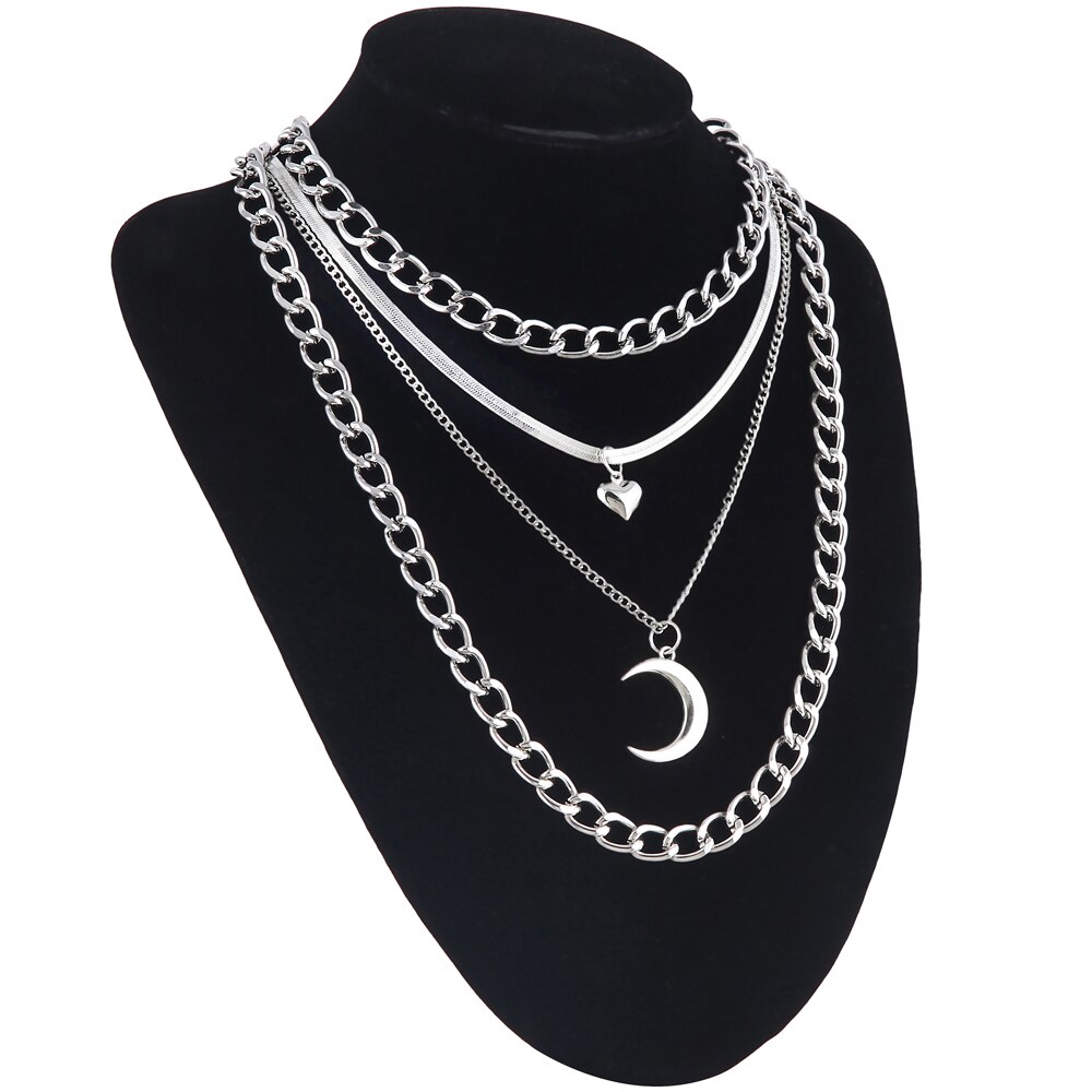 4pcs/set Layer moon pendant necklace chains necklace heart gothic necklace women female chocker neck goth jewelry