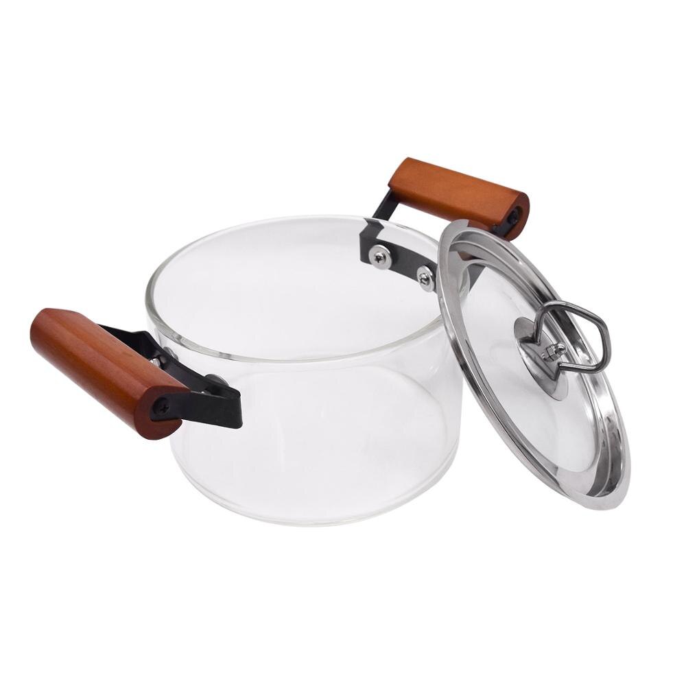 Lasinen kattila puisella kahvalla ja höyryreiällä lämmönkestävä kattila kannella 1.6l