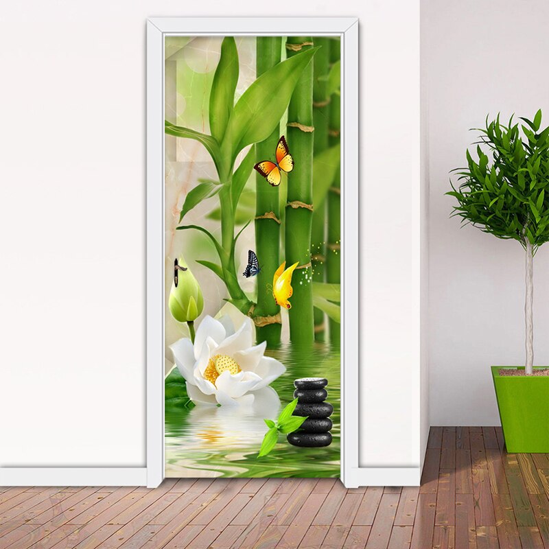 3D Sticker Chinese Style Green Bamboo Photo Wallpaper Living Room Study Kitchen Door Sticker PVC Self-Adhesive Waterproof Decor