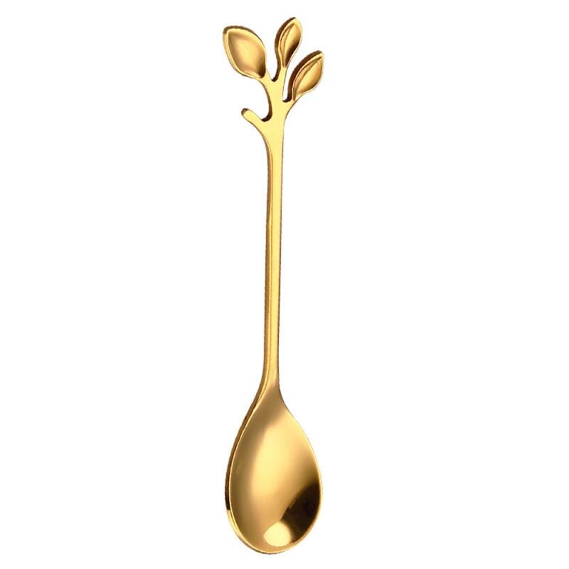 Folhas de aço inoxidável café bebida misturando colher garfo utensílios de cozinha colher de chá café colheres de café utensílios de cozinha venda quente: Golden spoon