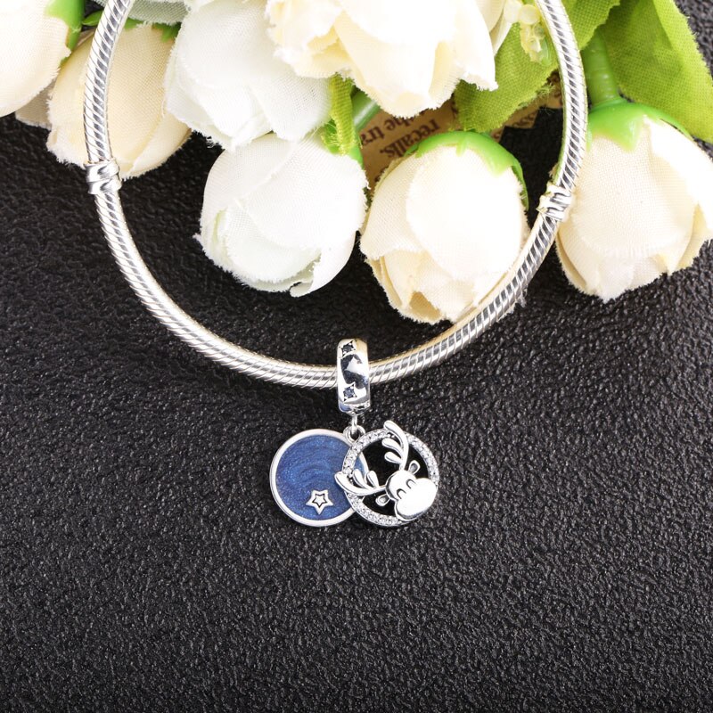 Moonmory 925 szterling srebro Jeleń wisiorek dla DIY bransoletka ciemne niebieskie mleczne gwiaździste niebo oryginalna piękna biżuteria świąteczne prezenty