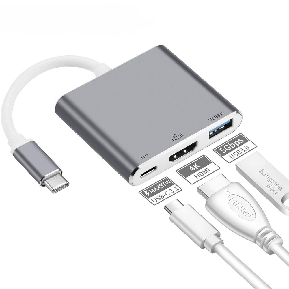 3 en 1 USB 3.1 type-c HUB convertisseur métal Portable USB 3.0 USB C PD 4K HDMI adaptateur pour ordinateur