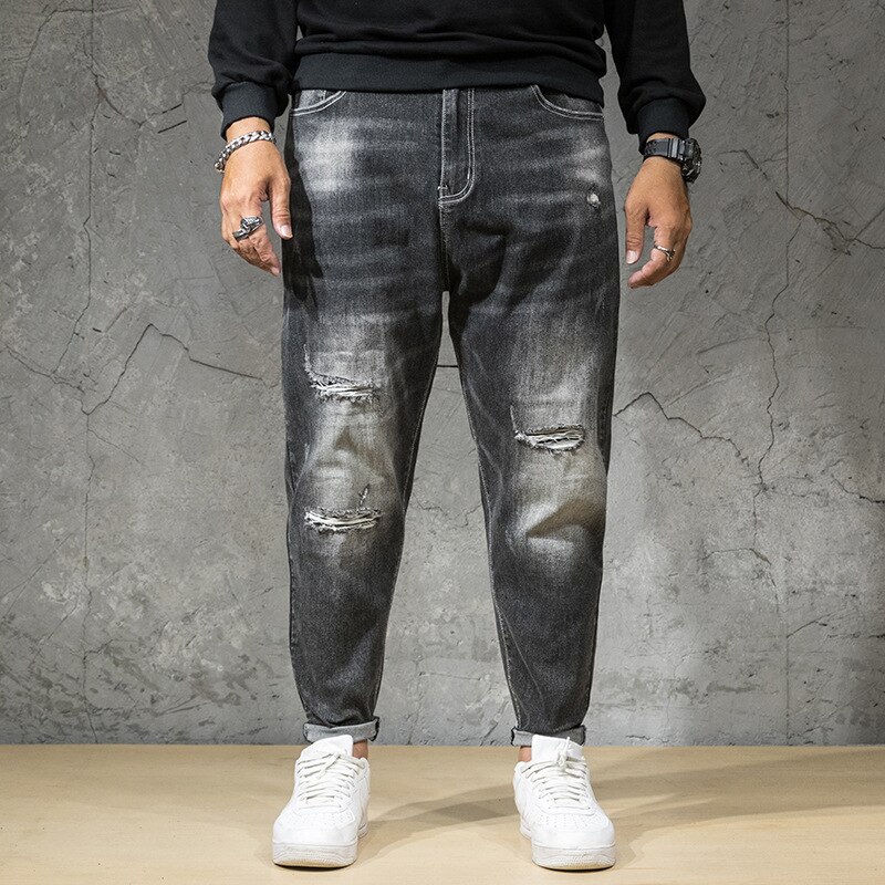 Vaqueros GXXH con agujeros grandes para hombre, Vaqueros rotos de Otoño Invierno para hombre, Casual de talla grande 44 46 suelto holgado, Vaqueros rasgados para hombre 7XL 5XL 6XL: 46(7XL)