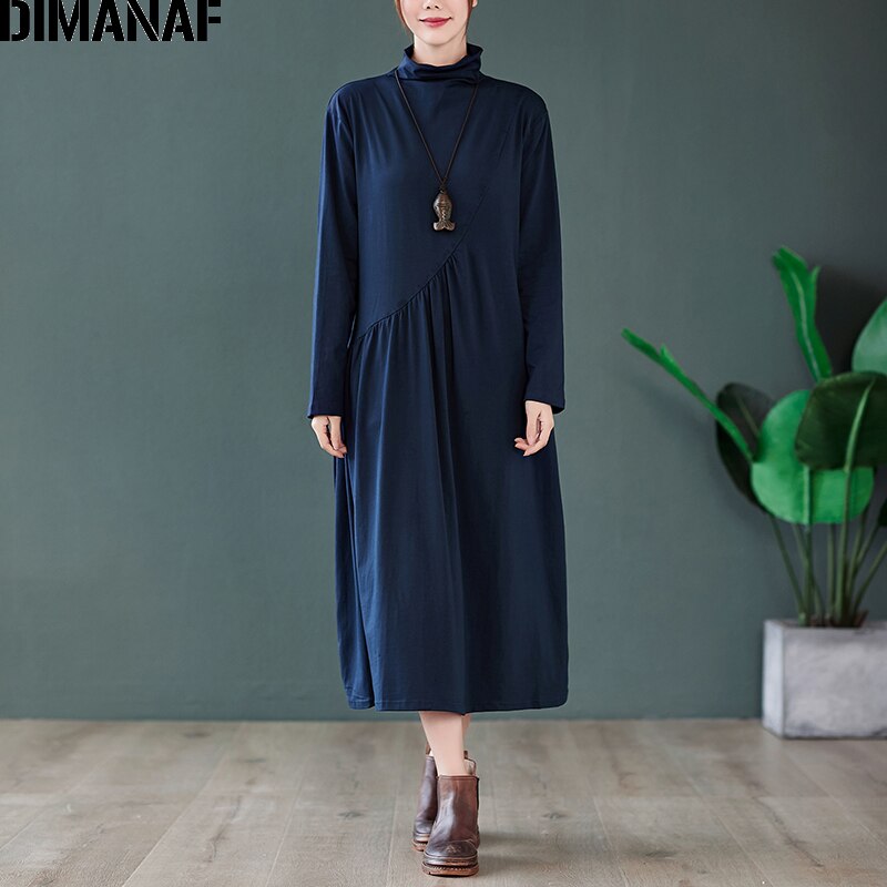 DIMANAF Autumn Winter Plus Size Women Dress Long Sleeve Turtleneck Lady Vestidos Cotton Pleated Loose Female Clothing: Yue1196-zang / XXL