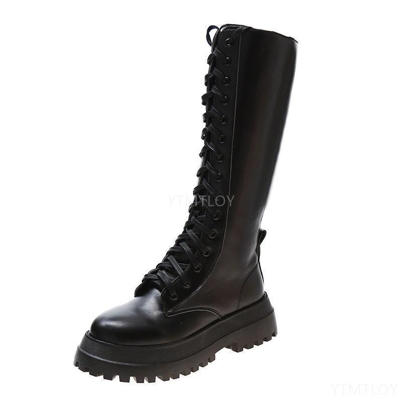Plate-forme trapue en cuir Pu genou bottes hautes femmes Punk augmentant longue femme à lacets chaussons Mujer fermeture éclair Chelsea: 40
