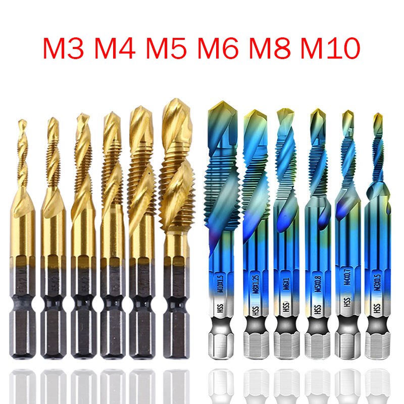 Titanium Plated Hex Shank HSS Screw Thread Metric Tap Drill Bits Screw Machine Compound M3 M4 M5 M6 M8 M10 Hand Tools