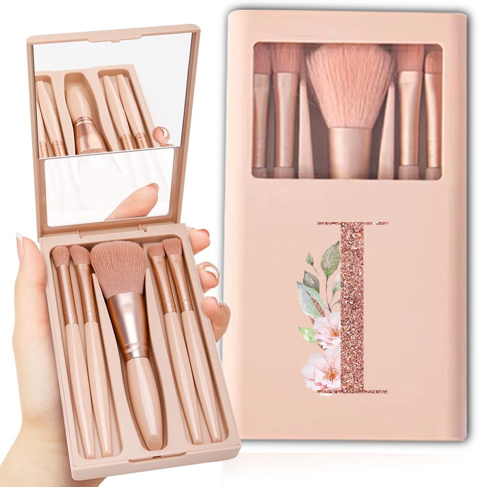 Kit de brochas cosméticas con espejo y estuche, caja plegable, juego de brochas de maquillaje, herramienta de belleza portátil, patrón de letras de oro rosa, 5 uds.: YELLOW