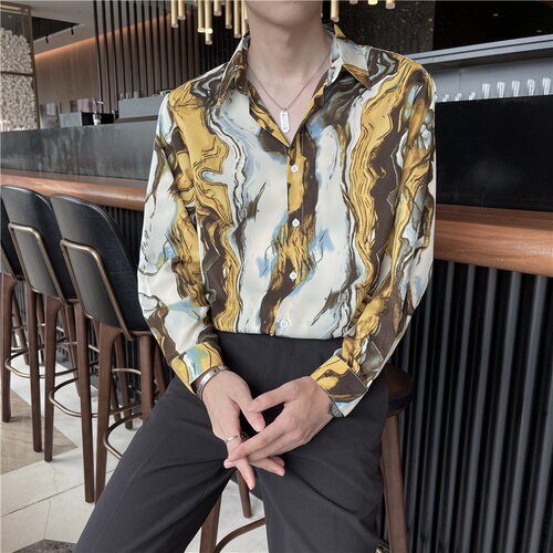Camisas holgadas con estampado de arte a rayas para hombre, camisa informal de manga larga, ropa de calle de gran tamaño, blusa de esmoquin para Social, 2022: Yellow / XXXL