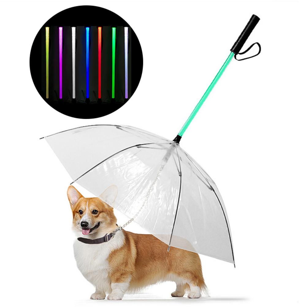 Paraplu Transparante Pet Hond Paraplu LED 7 Verwisselbare Kleur Gloeiende Paraplu Trekkabel Voor Kleine Middelgrote Hond