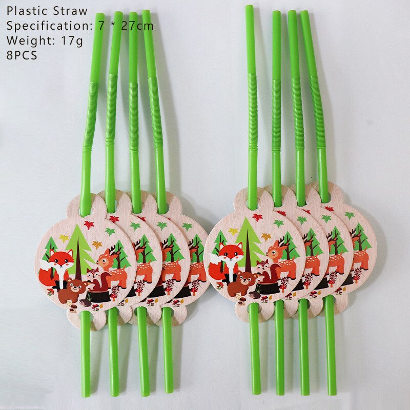 Forest animal theme party fox hedgehog pattern children's birthday party decoration animal balloon disposable napkin plate: 8pcs straw