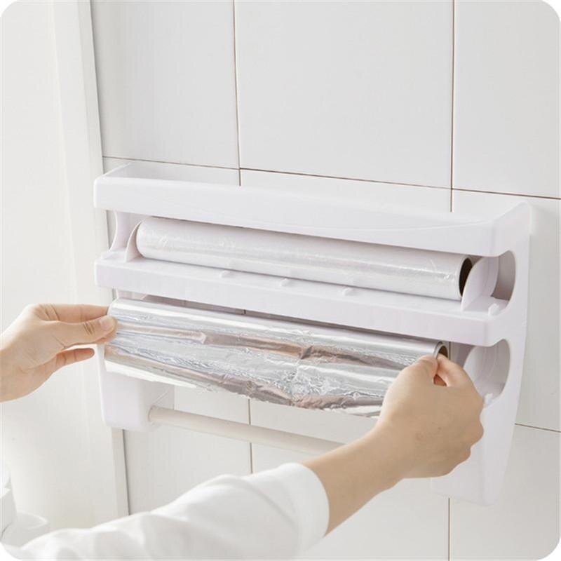 Plast køleskab klæbende film opbevaring opskæring rack wrap cutter tin folier papir håndklædeholder køkken hylde hænge holder