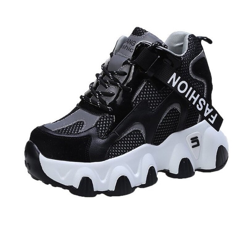 Women Platform Chunky Sneakers Mesh Designers Lace Up Shoes Woman Autumn 8cm High Vulcanized Shoes Ladies 34-39: black / 5.5