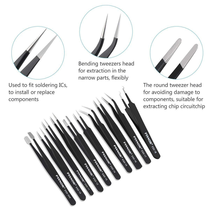 conjunto de pinzas antiestáticas ESD de acero inoxidable, Kit de herramientas de reparación de mantenimiento, herramienta de fabricación de pinzas de punta, 9 unidades