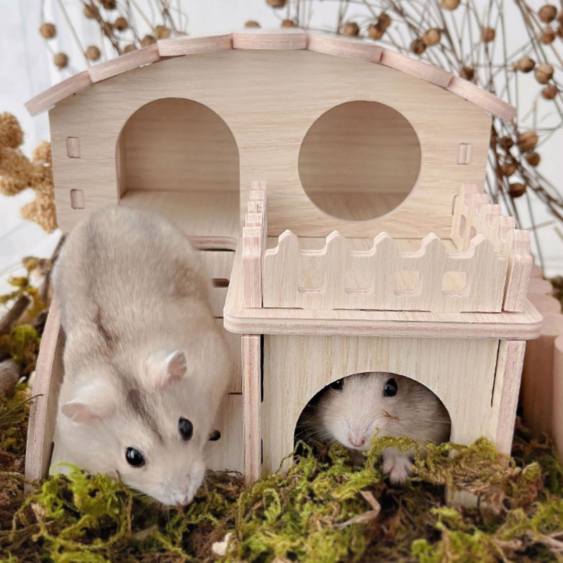 J2FB Hamster Wooden Hideout House Pet Rats Climbing Play Hut Villa Hideaway Room for Dwarf Gerbil Small Animals