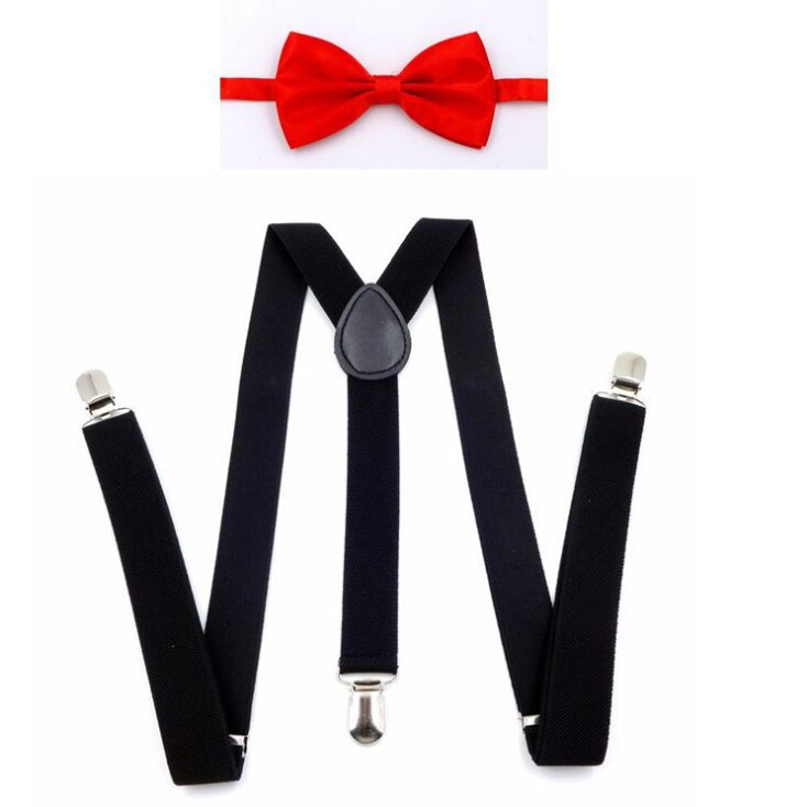Effen Kleur Man Riem Bowtie Set Mannen Vrouwen Bretels Polyester Y-Back Bretels Twee Kleuren Strikje Verstelbare elastische: RedBowSuspender
