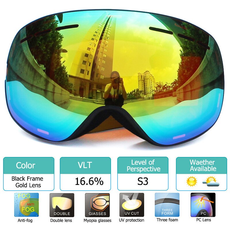 100% UV400 Bescherming Magnetische Ski Bril Lens Anti-Fog Snowboard Goggles Voor Mannen &amp; Vrouwen Skiën Bril: Black Gold