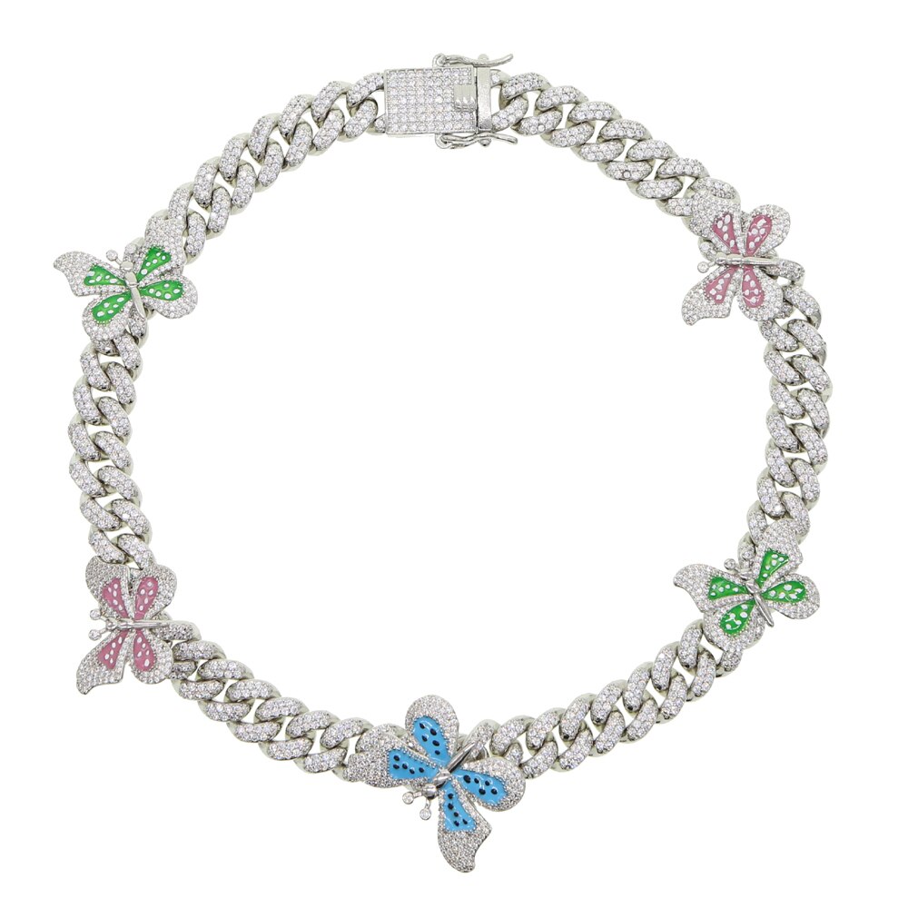 Multicolor Enamel CZ Butterfly Necklace 12mm Iced Out Bling CZ Miami Cuban Link Chain Butterfly Choker Hip hop Women Jewelry: silver rainbow / 46cm