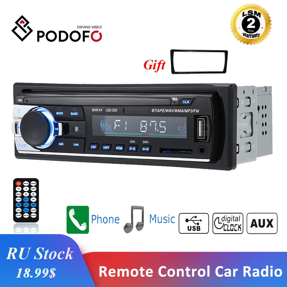 Podofo JSD-520 rádio do carro no traço 1 din gravador de fita mp3 player fm áudio estéreo usb/sd entrada aux porto iso bluetooth autoradio