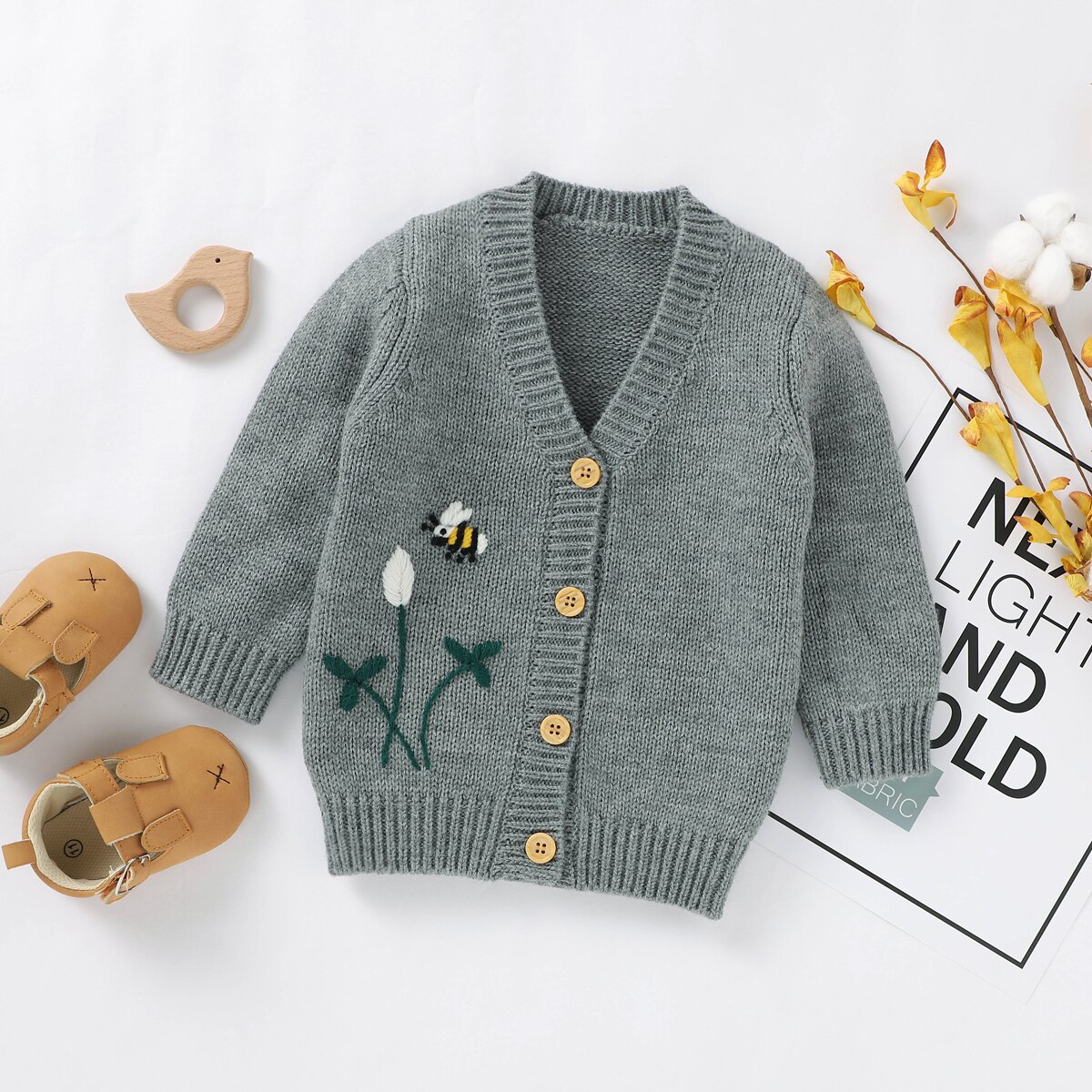 Efterår vinter børn baby sweatere leopard broderi strik frakke spædbarn baby pige dreng v-hals knapper sweatere cardigans overtøj: Grå / 3m