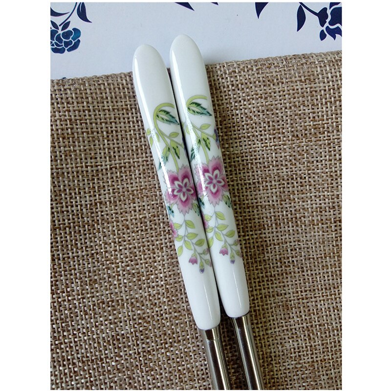 BalleenShiny 1 Pair Stainless Steel Chopsticks Chinese Style Rose Peony Ceramic Handle Anti-skid Chopsticks for Rice: Flos hibisci