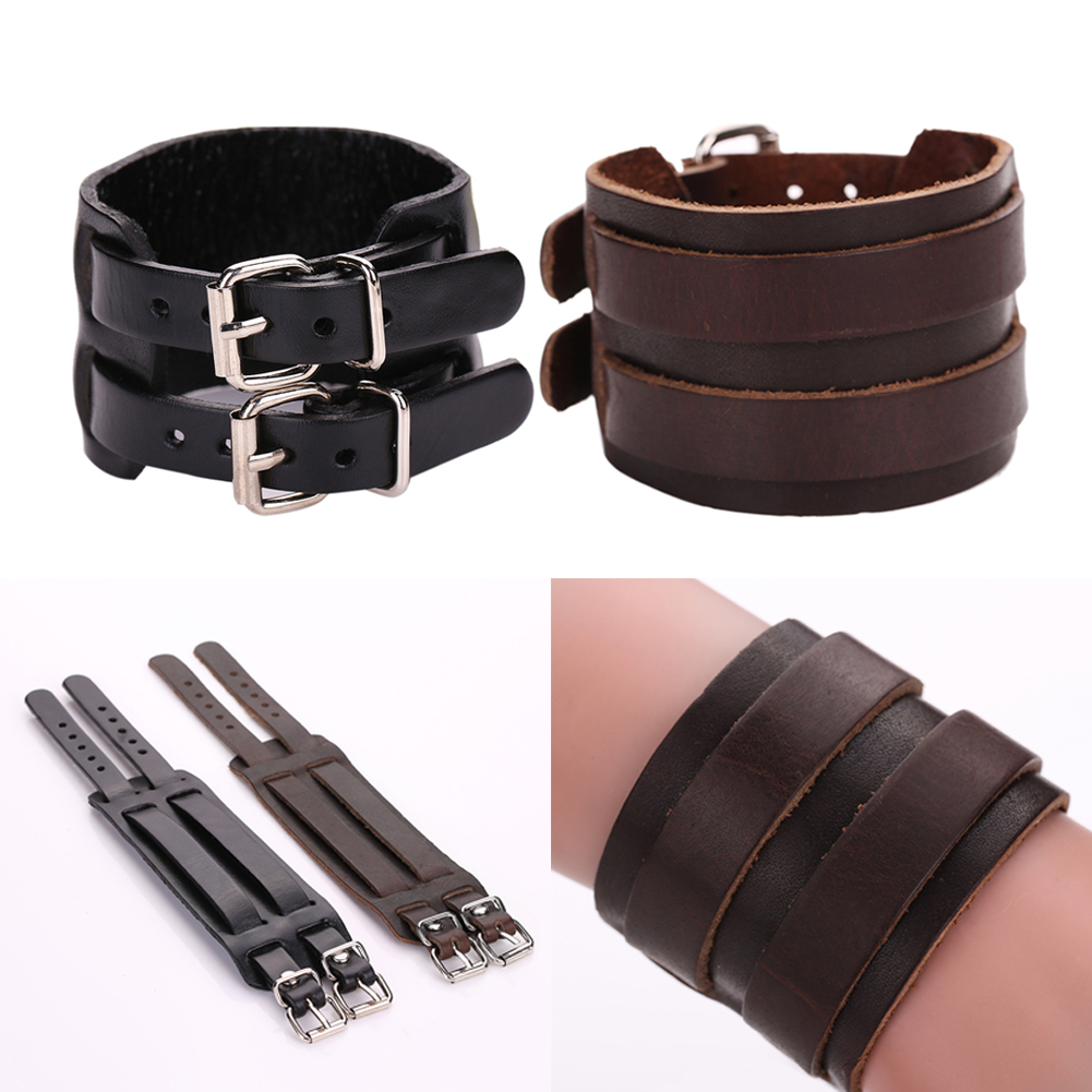 Mannen Bruin Lederen Manchet Armband Lederen Wrist Band Polsband Handgemaakte Al